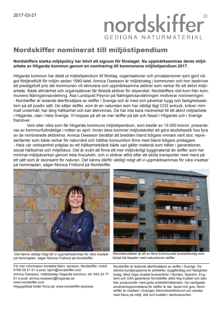 Nordskiffer nominerat till miljöstipendium