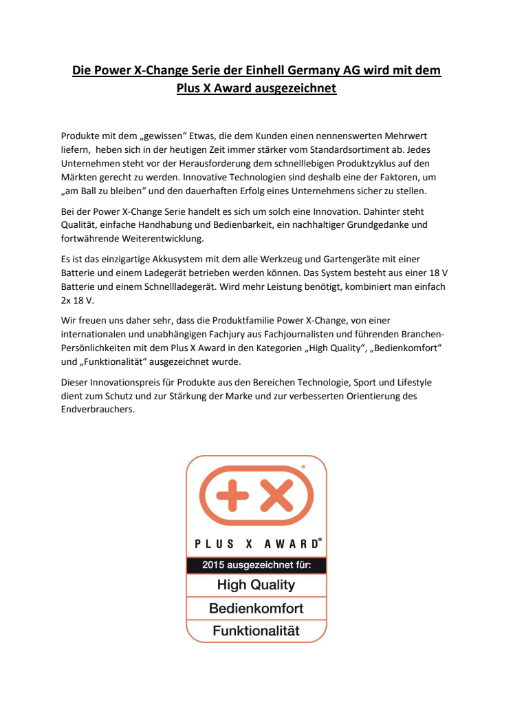 Die Power X-Change Serie der Einhell Germany AG wird mit dem Plus X Award ausgezeichnet