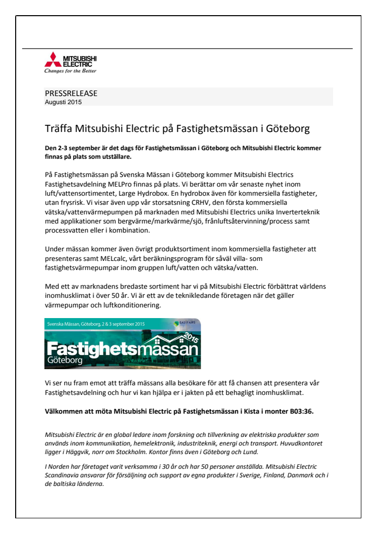 Träffa Mitsubishi Electric på Fastighetsmässan i Göteborg