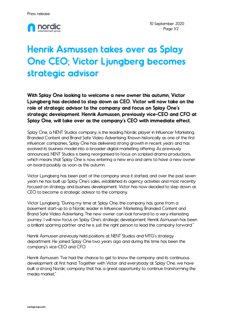 Henrik Asmussen takes over as Splay One CEO; Victor Ljungberg becomes strategic advisor