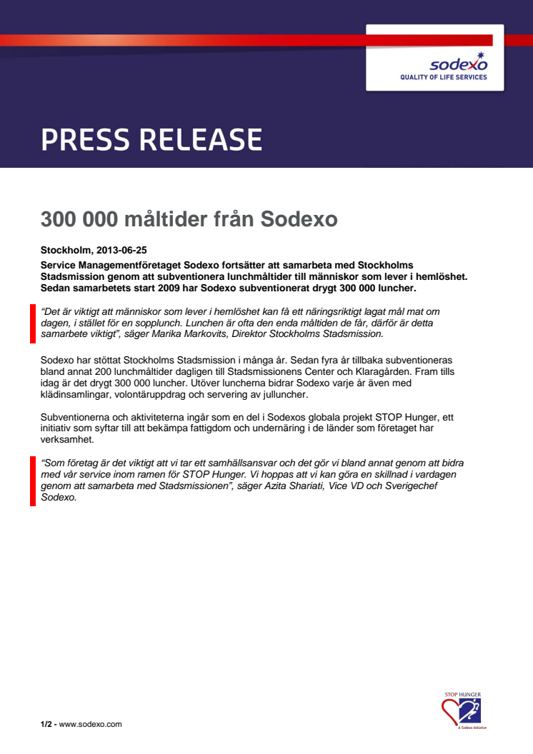 300 000 måltider från Sodexo