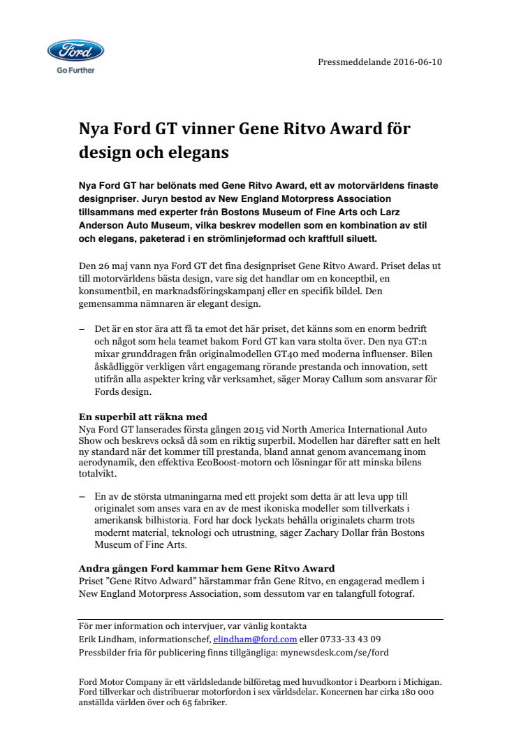 Nya Ford GT vinner Gene Ritvo Award för design och elegans