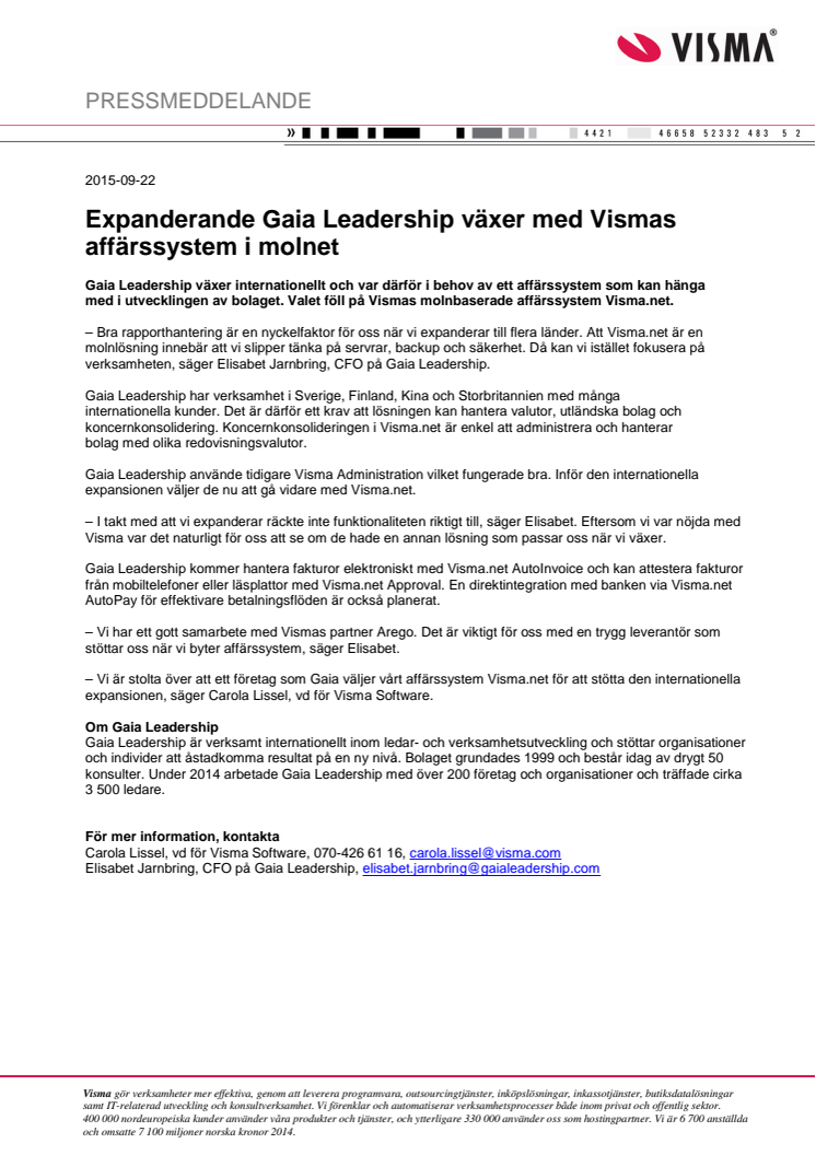 Expanderande Gaia Leadership växer med Vismas affärssystem i molnet