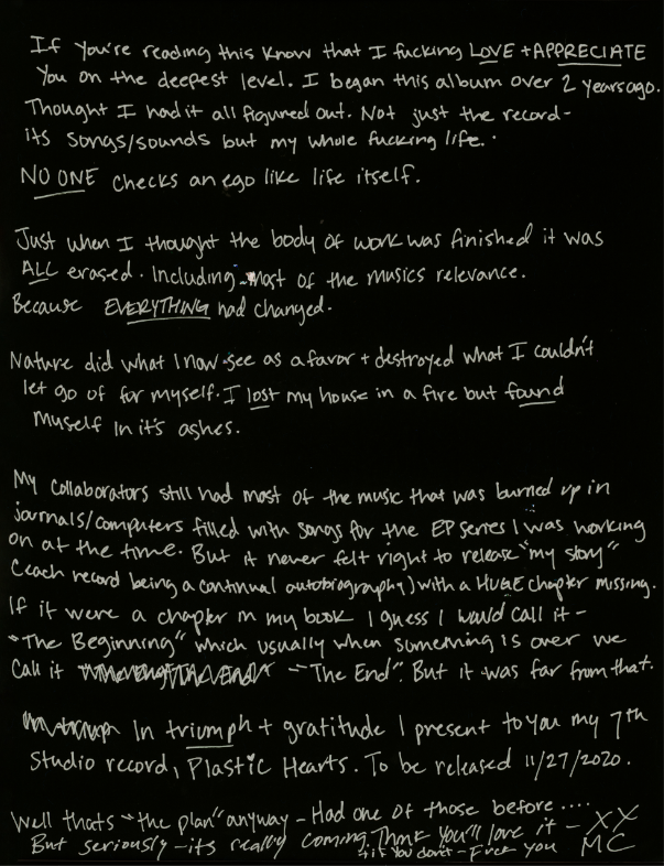 Miley Cyrus handskrivna brev om "Plastic Hearts"