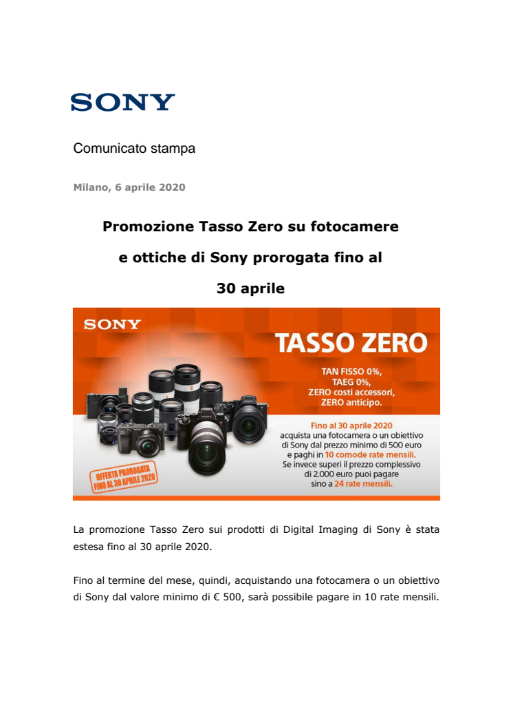 Promozione Tasso Zero su fotocamere e ottiche di Sony prorogata fino al  30 aprile