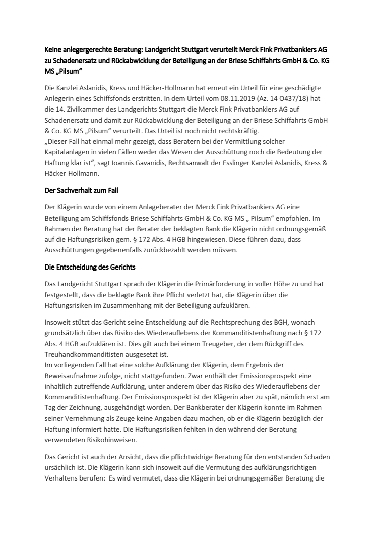 Keine anlegergerechte Beratung: Landgericht Stuttgart verurteilt Merck Fink Privatbankiers AG zu Schadenersatz und Rückabwicklung der Beteiligung an der Briese Schiffahrts GmbH & Co. KG MS „Pilsum“