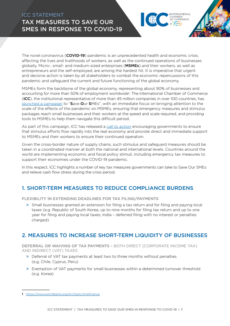 ICC statement on tax measures to “Save our SMEs” in response to COVID-19