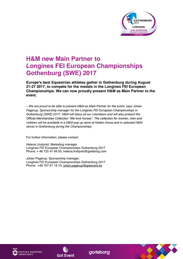 H&M ny huvudsponsor till Longines FEI Europamästerskapen i Ridsport Göteborg 2017