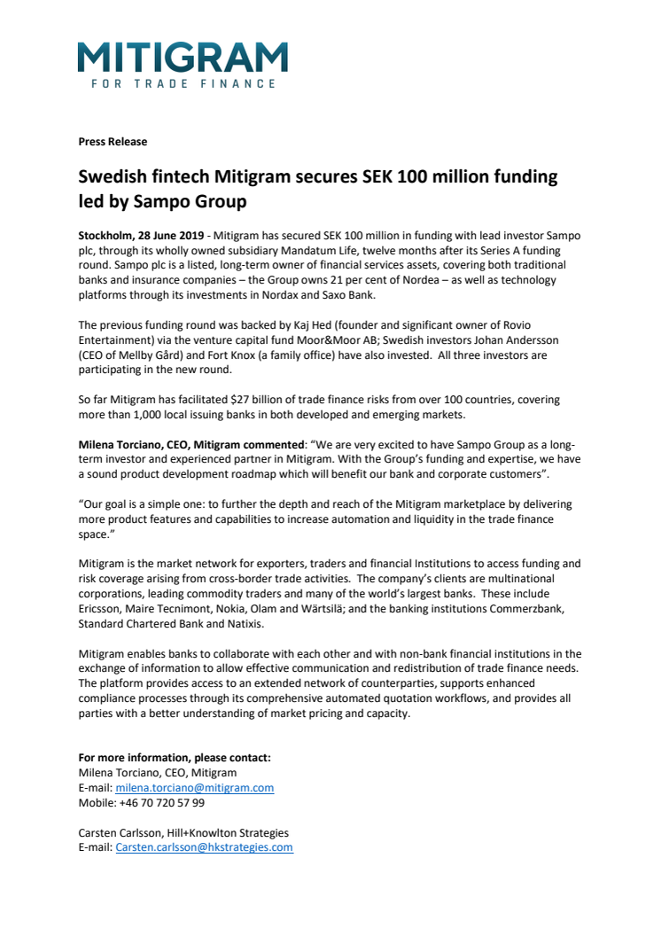 Swedish fintech Mitigram secures SEK 100 million funding led by Sampo Group