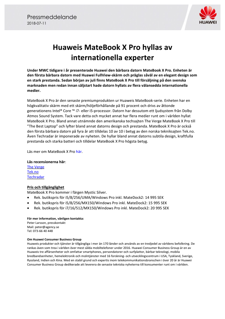Huaweis MateBook X Pro hyllas av internationella experter