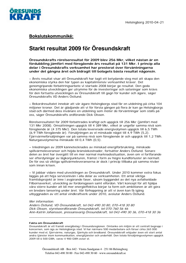 Starkt resultat 2009 för Öresundskraft 