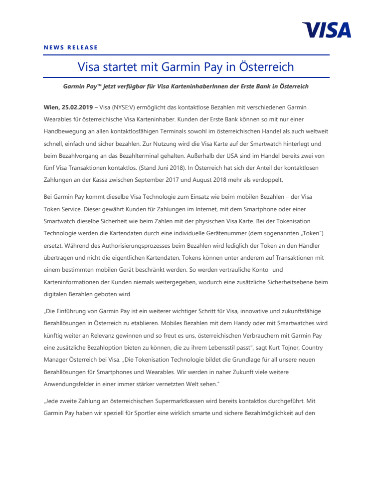 Visa startet mit Garmin Pay in Österreich