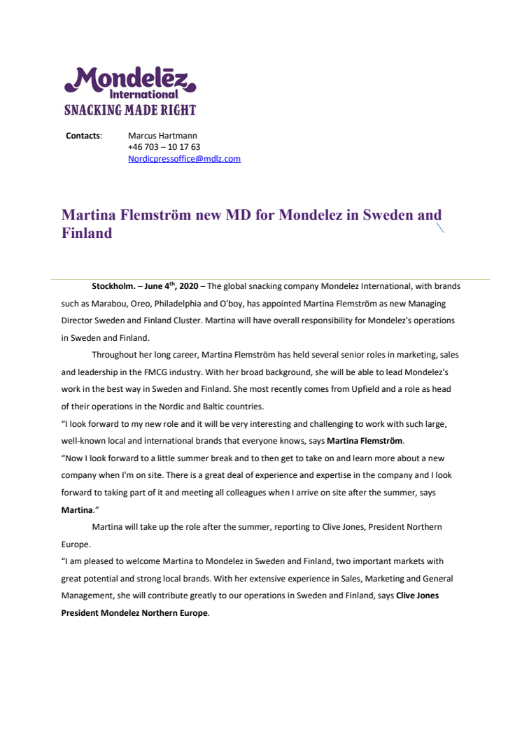 Martina Flemström new MD for Mondelez in Sweden and Finland