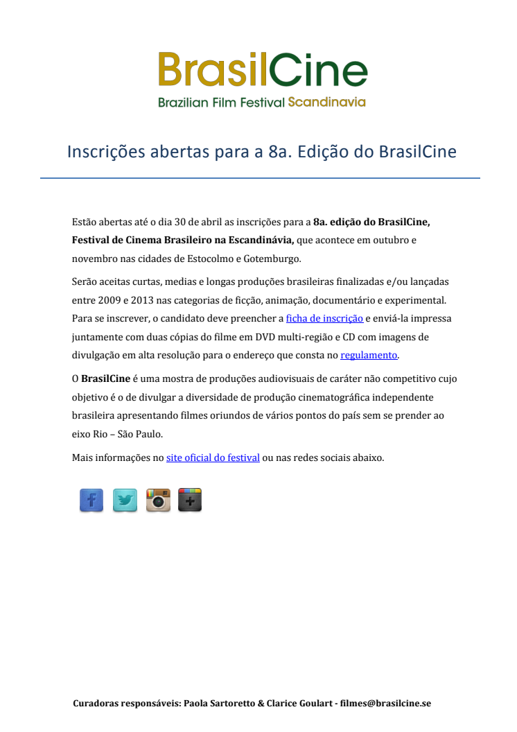 Abertas inscrições para a 8a. Edição do BrasilCine