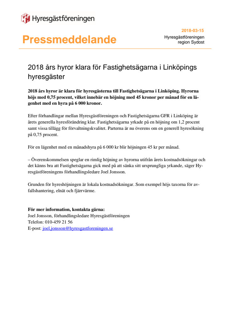 2018 års hyror klara för Fastighetsägarna i Linköpings hyresgäster
