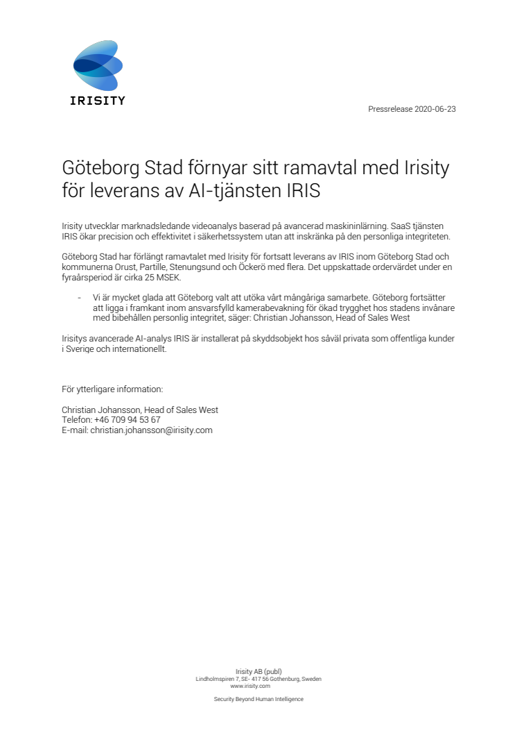 Göteborg Stad förnyar sitt ramavtal med Irisity för leverans av AI-tjänsten IRIS