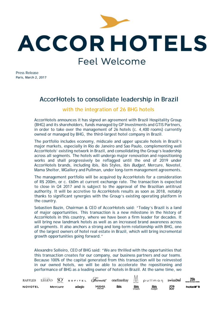 Press Release: AccorHotels to consolidate leadership in Brazil