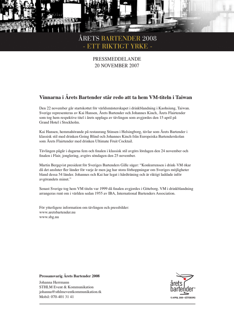 Vinnarna i Årets Bartender™ står redo att ta hem VM titeln i Taiwan