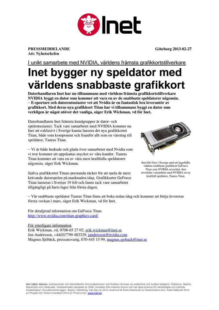 Inet i unikt samarbete med NVIDIA, bygger speldator med världens snabbaste grafikkort 