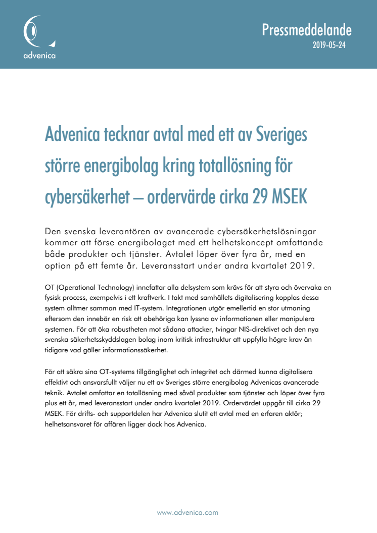 Advenica tecknar avtal med ett av Sveriges större energibolag kring totallösning för cybersäkerhet - ordervärde cirka 29 MSEK