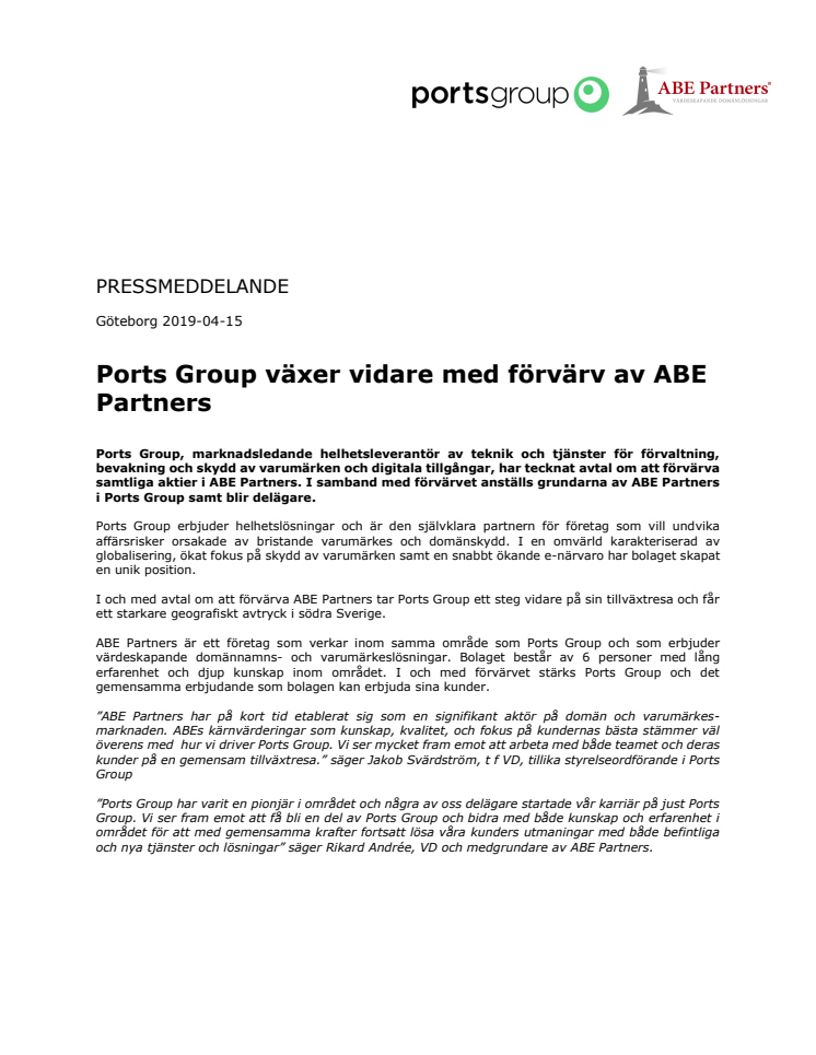 Ports Group växer vidare med förvärv av ABE Partners