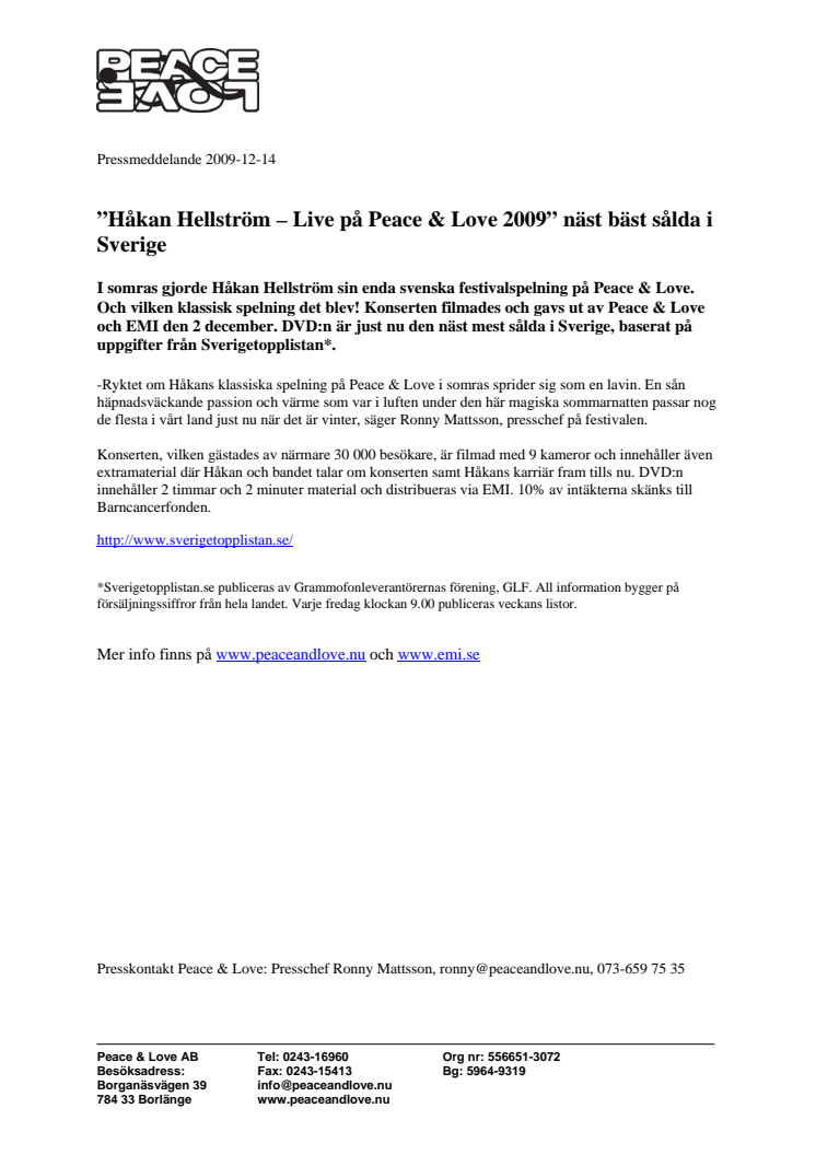 ”Håkan Hellström – Live på Peace & Love 2009” näst bäst sålda i Sverige