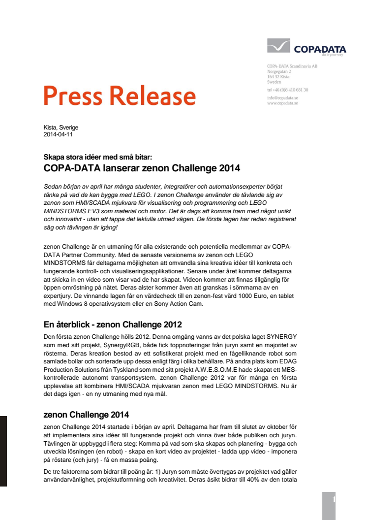 Skapa stora idéer med små bitar: COPA-DATA lanserar zenon Challenge 2014