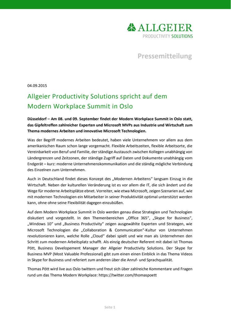 Allgeier Productivity Solutions spricht auf dem Modern Workplace Summit in Oslo