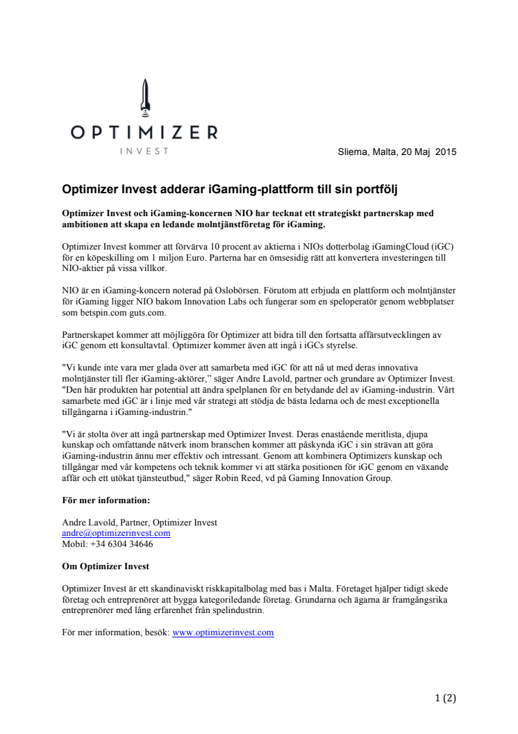 Optimizer Invest adderar iGaming-plattform till sin portfölj