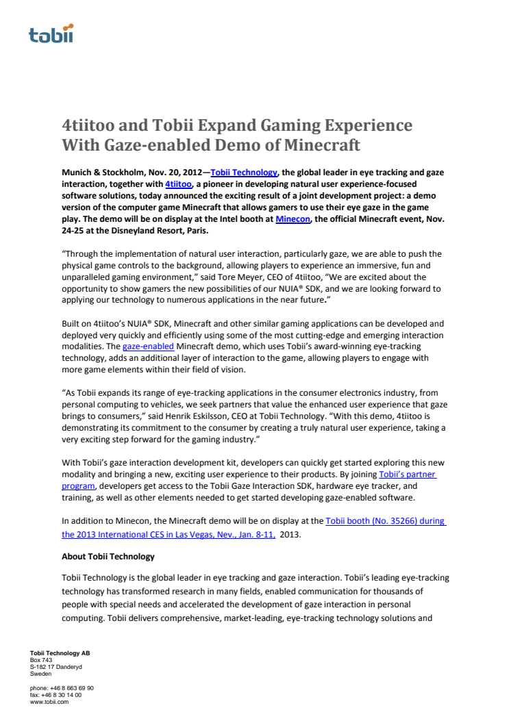 4tiitoo and Tobii Expand Gaming Experience With Gaze-enabled Demo of Minecraft