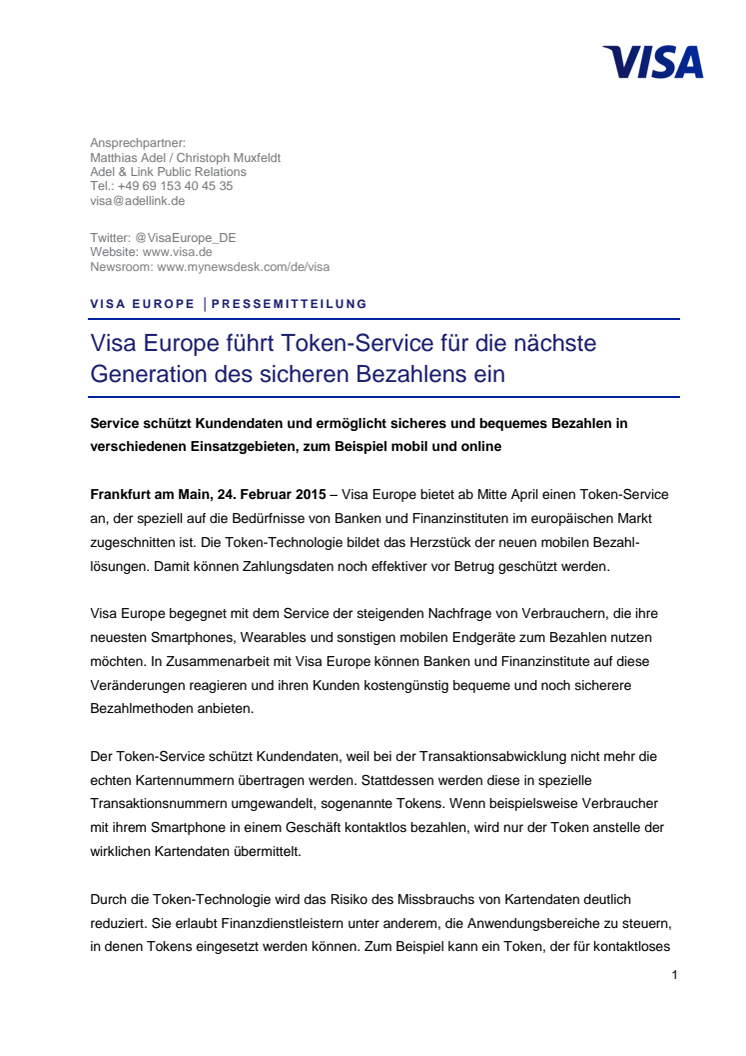 Visa Europe führt Token-Service für die nächste Generation des sicheren Bezahlens ein