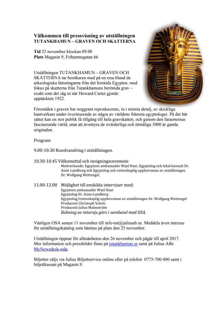 Inbjudan: pressvisning av Tutankhamun – graven och skatterna 