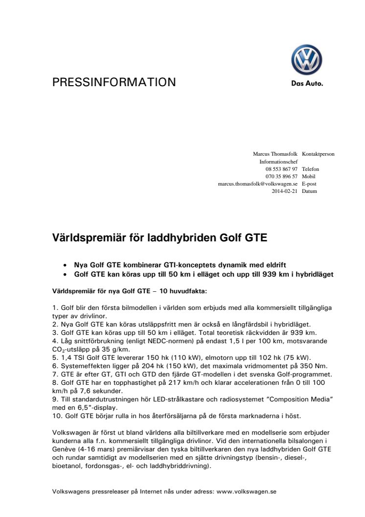 Världspremiär för laddhybriden Golf GTE