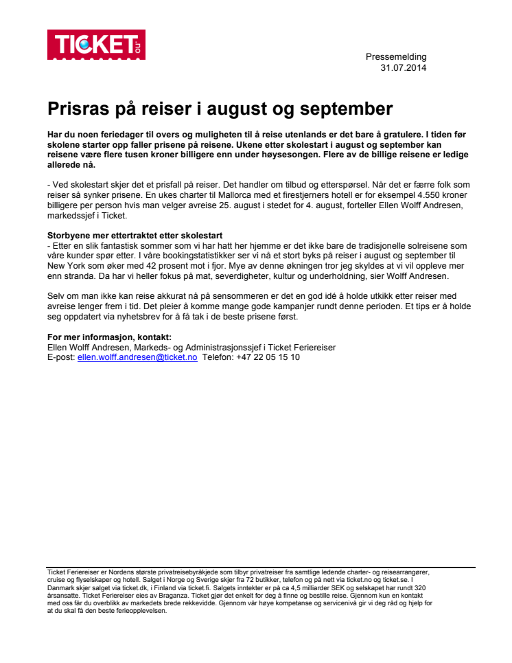 Prisras på reiser i august og september