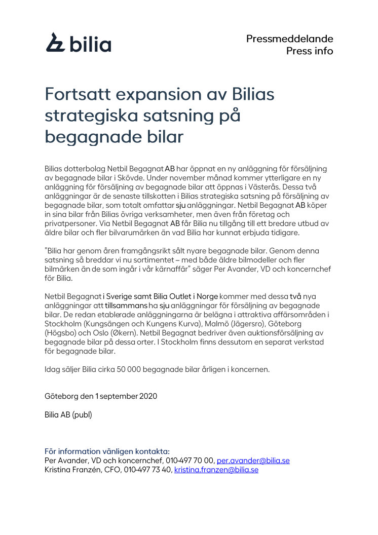 Fortsatt expansion av Bilias strategiska satsning på begagnade bilar