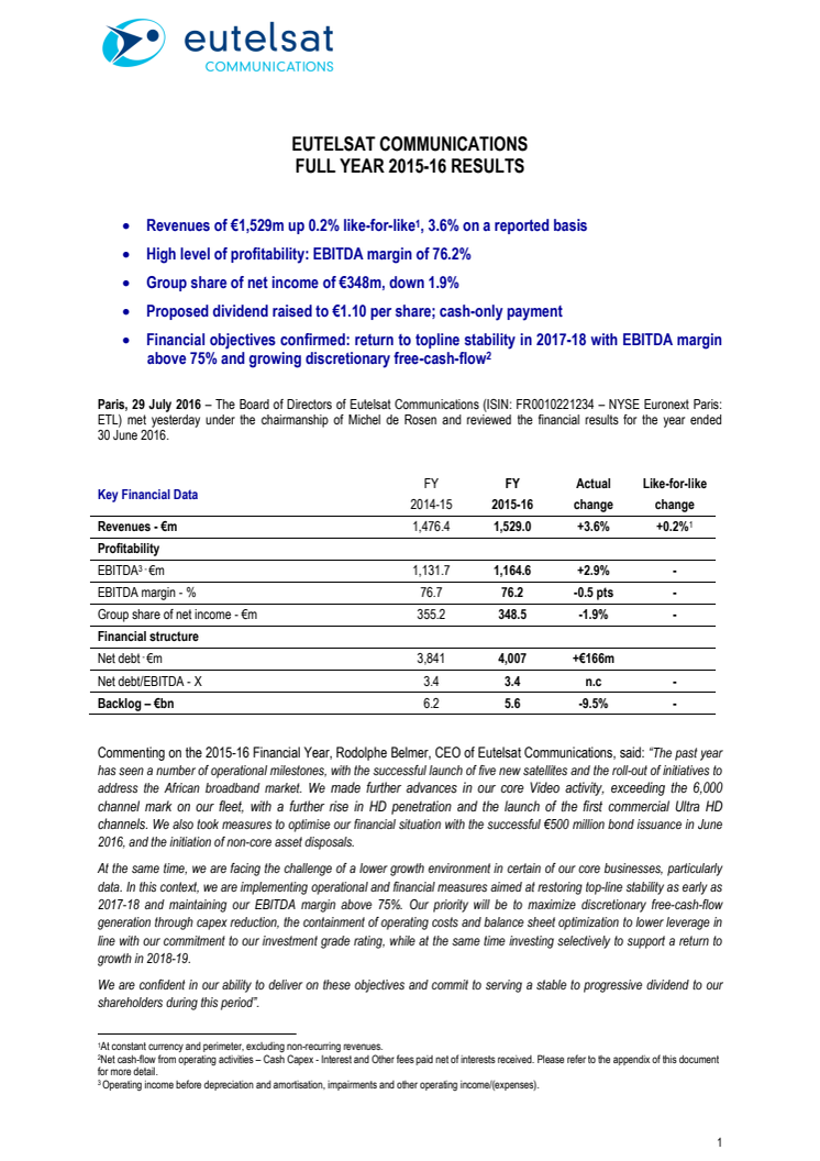 EUTELSAT COMMUNICATIONS  FULL YEAR 2015-16 RESULTS