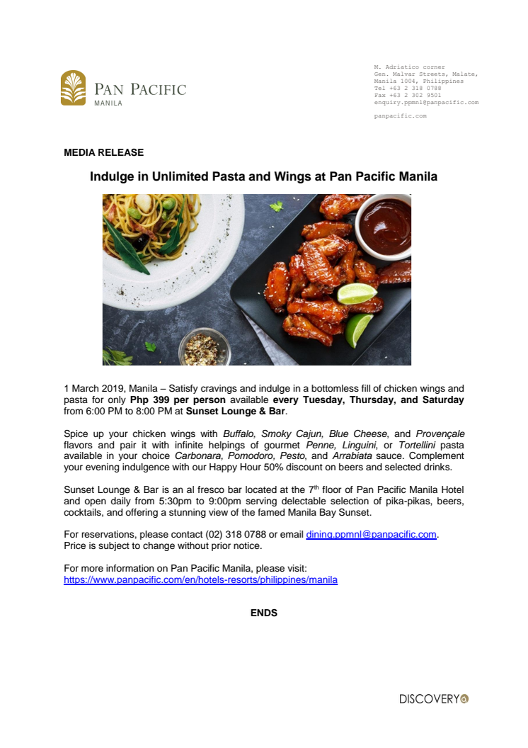 Indulge in Unlimited Pasta and Wings at Pan Pacific Manila