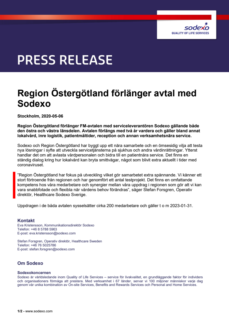 Region Östergötland förlänger avtal med Sodexo