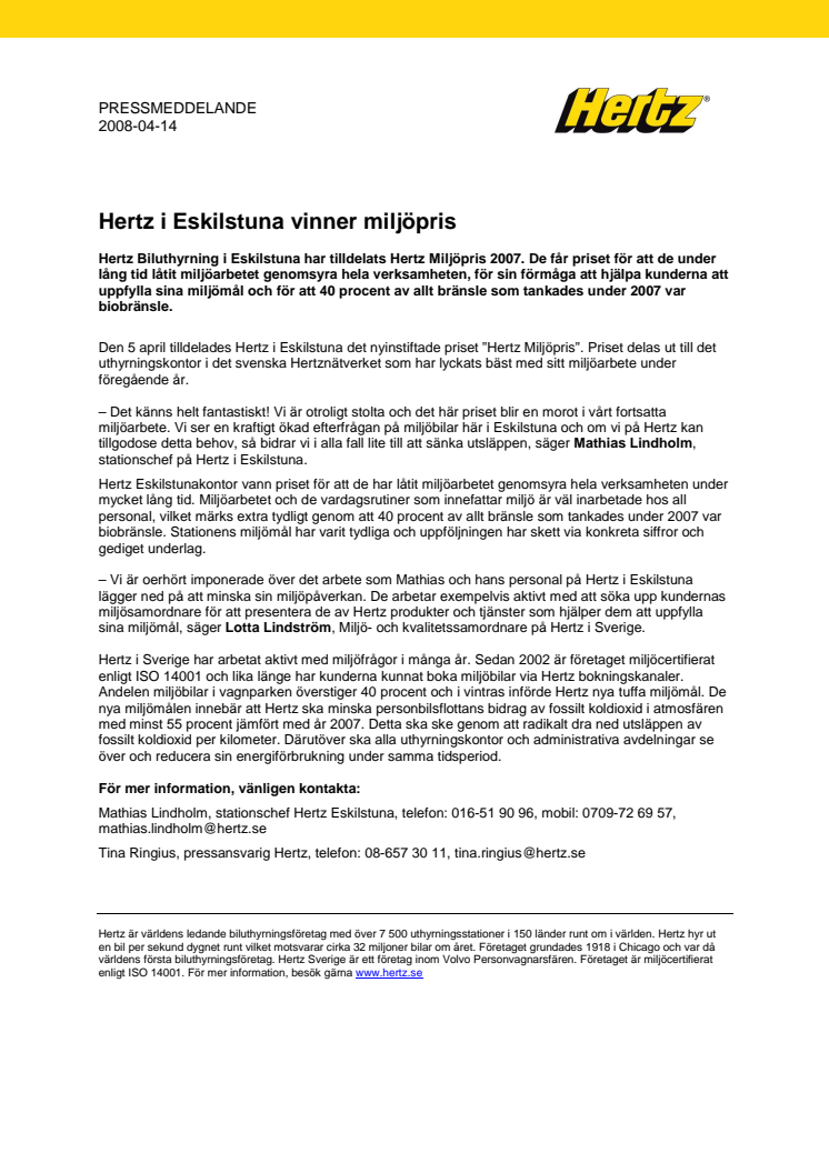 Hertz i Eskilstuna vinner miljöpris