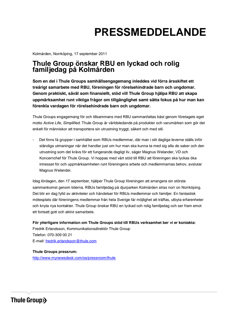 Thule Group önskar RBU en lyckad och rolig familjedag på Kolmården