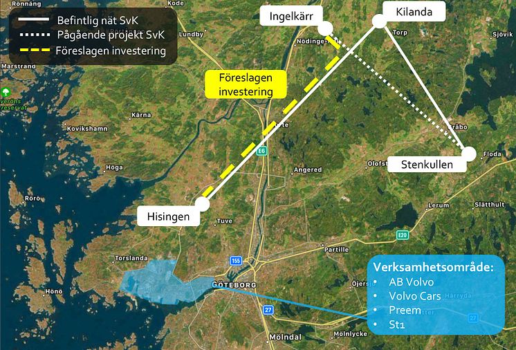 Bilden visar Göteborg Energis förslag för att dubblera eleffekten i Göteborgsregionen.
