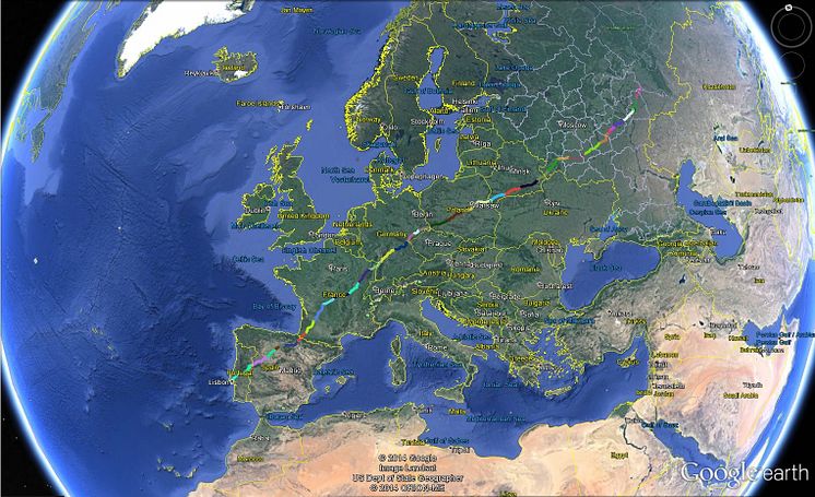 Världskarta med rut genom Europa