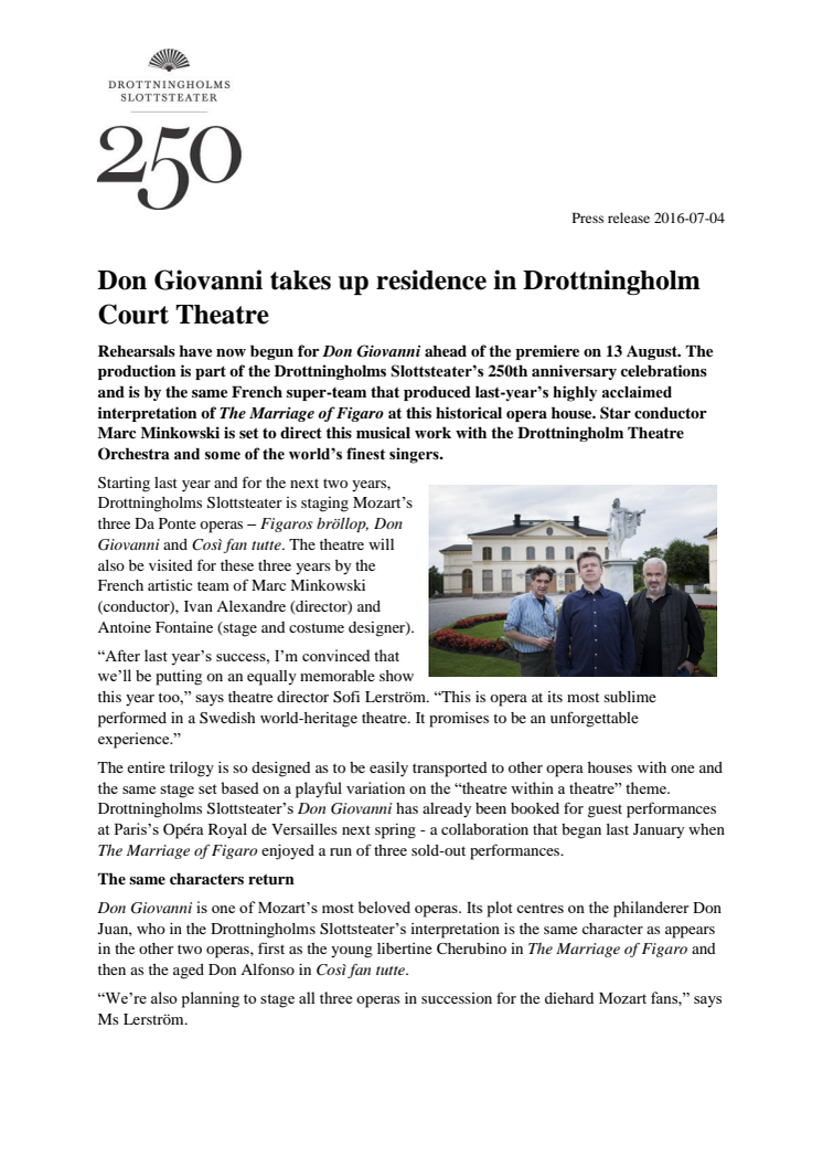 Don Giovanni takes up residence in Drottningholm Court Theatre