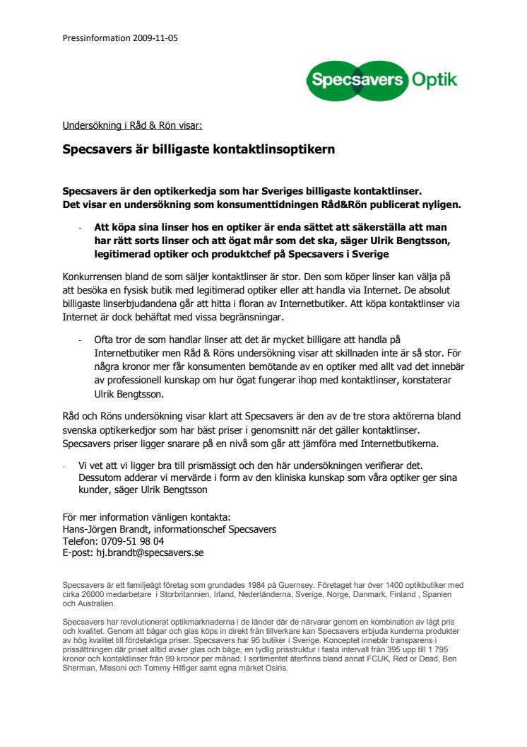 Undersökning i Råd & Rön visar: Specsavers är billigaste kontaktlinsoptikern