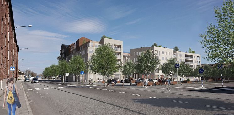 Föreningstorget. Vinnande förslaget av markanvisningstävlingen 2019: Bild 2, Vy från vasterlanggatan HR