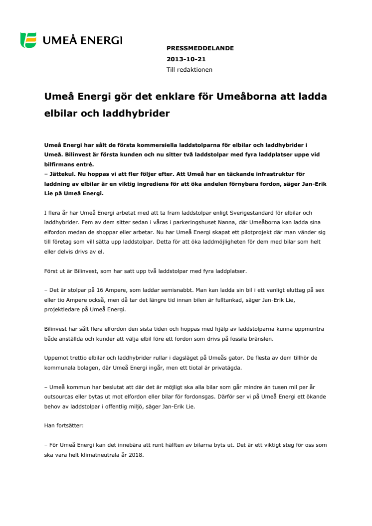 Umeå Energi gör det enklare för Umeåborna att ladda elbilar och laddhybrider
