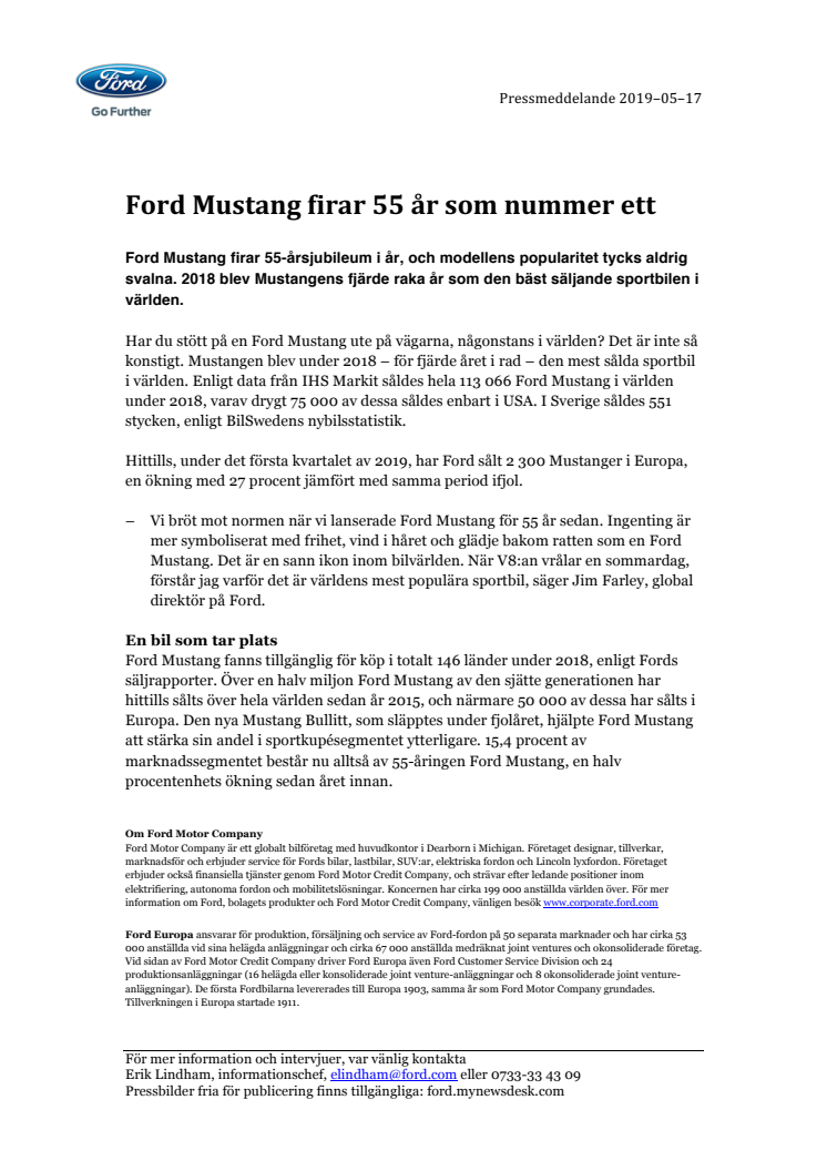 Ford Mustang firar 55 år som nummer ett