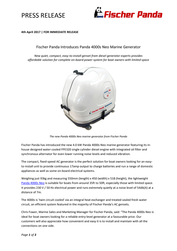 Fischer Panda: Fischer Panda Introduces Panda 4000s Neo Marine Generator