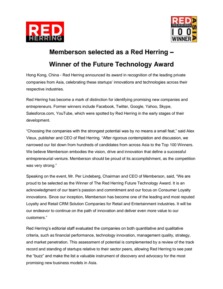 Memberson in Singapore - Winner of Red Herring Future Technology Award