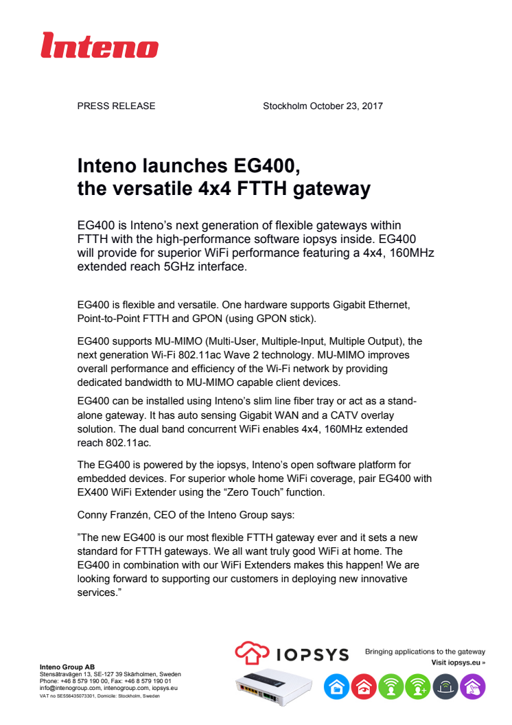Inteno launches EG400, the versatile 4x4 FTTH gateway